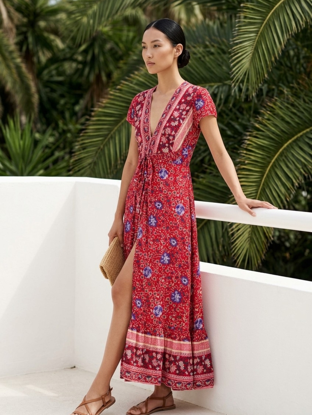 Bohemian Red Floral V-Neck Maxi Dress with Tie Waist